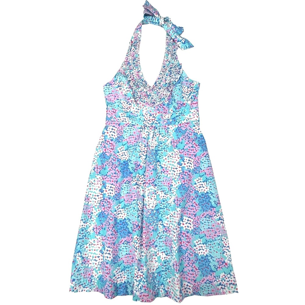 Lilly Pulitzer Lillian Halter Dress Worth Blue Dot Dot Hop Floral Size 0 EUC